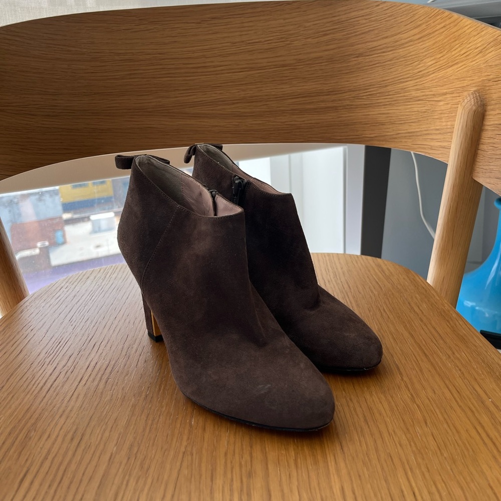 Gray Kate Spade Netta Suede Ankle Heel Boots with Gold Hardware